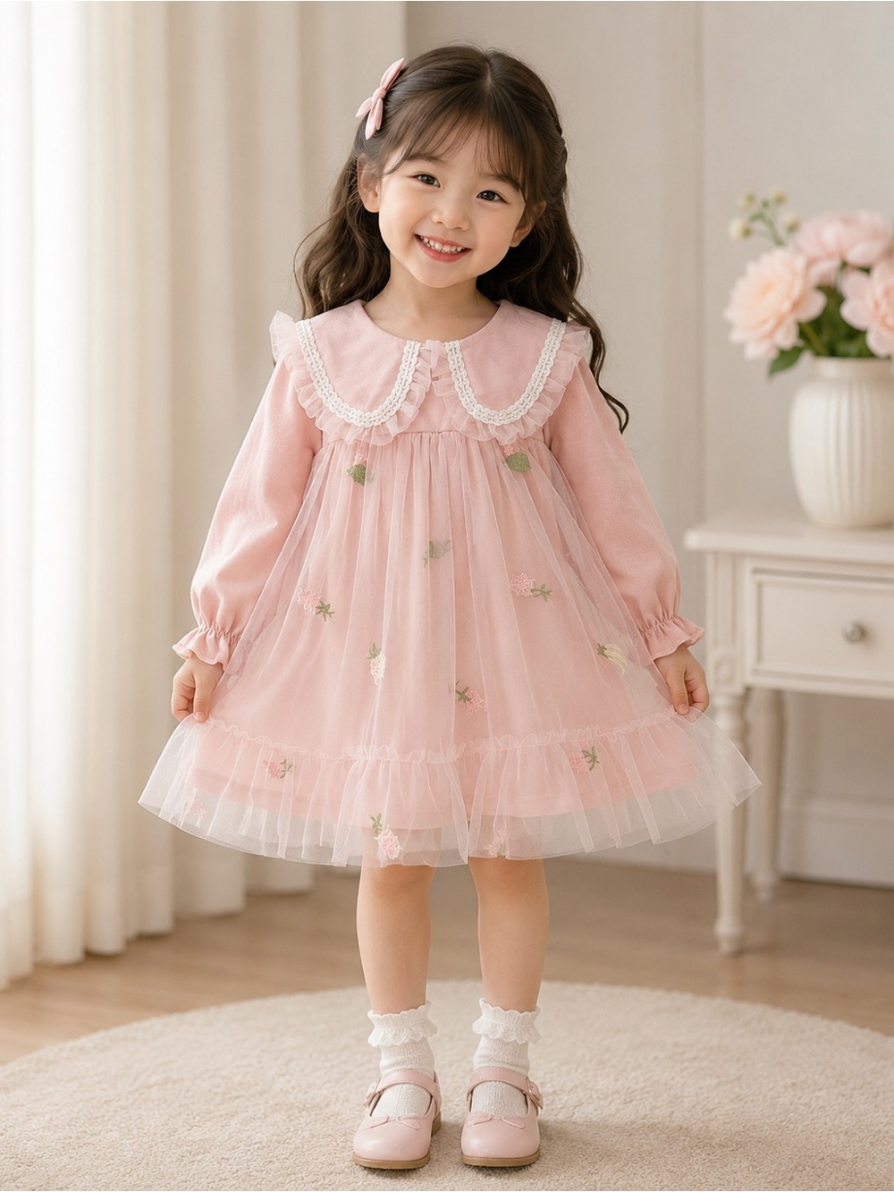 Pink Layered Lace Dress with Fruit Embroidery